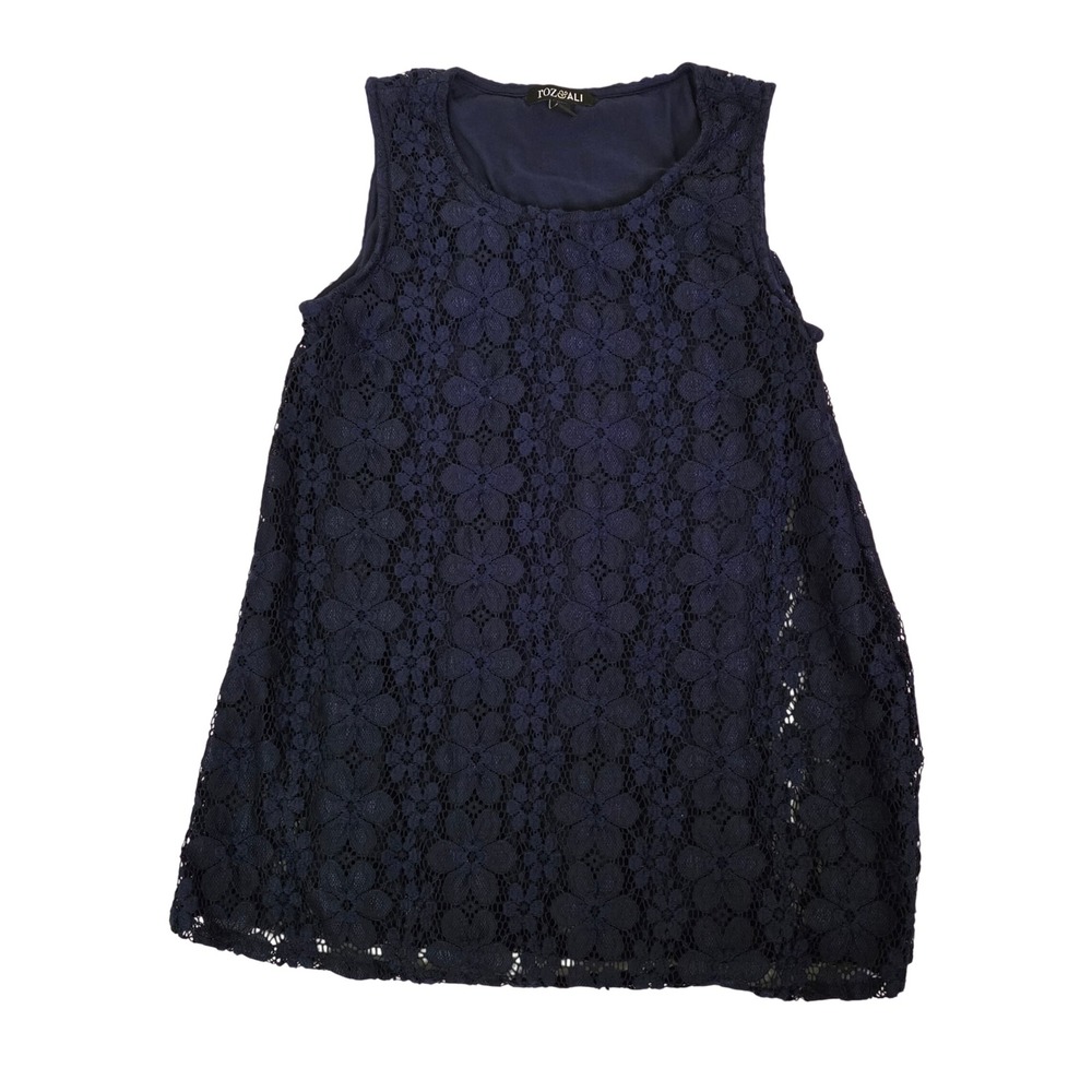 Roz & Ali Navy Blue Floral Lace Sleeveless Tank Top Shell Whimsigoth Romantic S